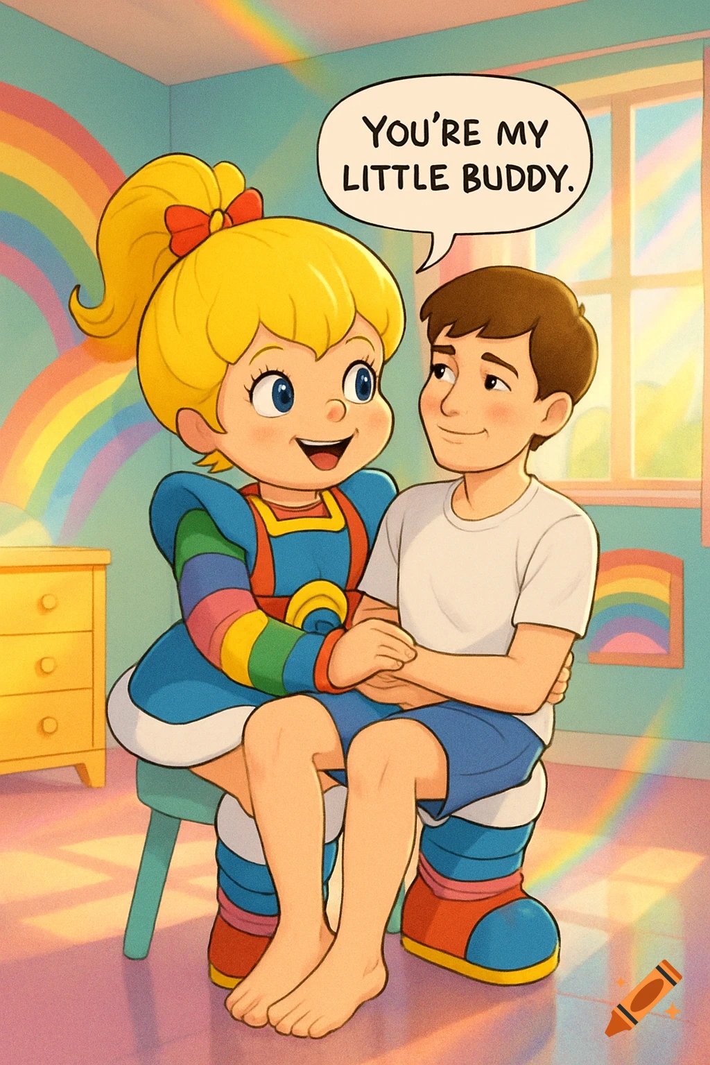 Cartoon of Rainbow Brite holding a boy on her lap in a rainbow-filled room, saying "You're my little buddy."