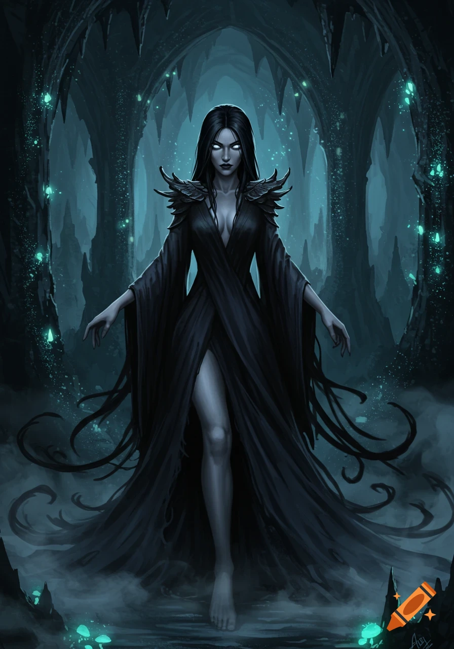A pale woman with long dark hair and glowing eyes wears a flowing black dress in a mystical, glowing turquoise cave.