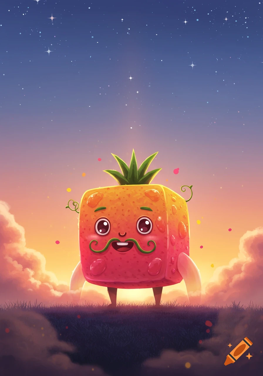 Vibrant cartoon cube fruit character with a mustache stands on a grassy hill against a starry sunset sky.