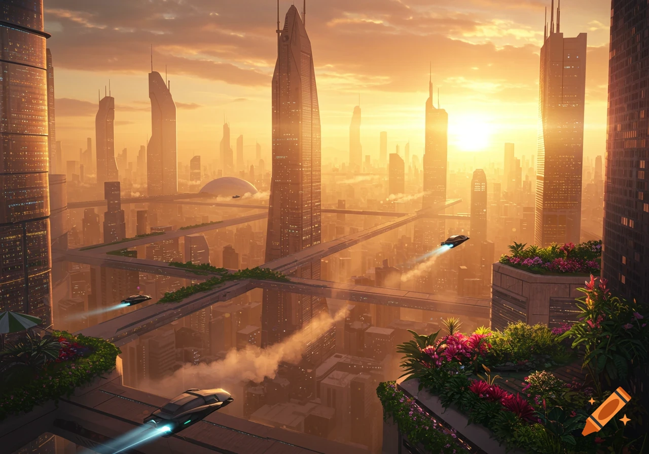 A vibrant futuristic cityscape at sunrise, with towering skyscrapers, elevated walkways, and sleek flying vehicles soaring through the golden sky, lush rooftop gardens visible in the foreground.