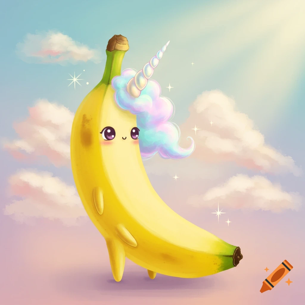 A cute, cartoon banana character with a unicorn horn and rainbow-colored cloud mane, standing in a dreamy sky with soft clouds and sun rays.