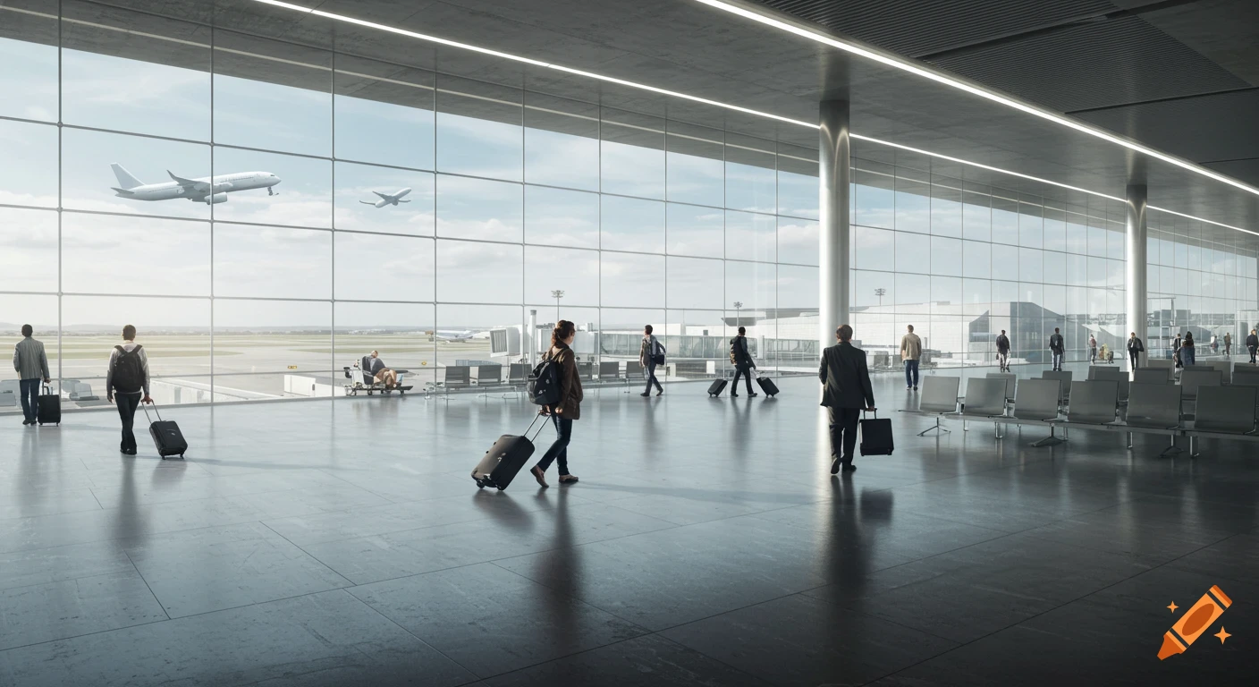 Interior of a modern airport terminal with passengers walking with luggage, looking out at planes on the runway, photorealistic.