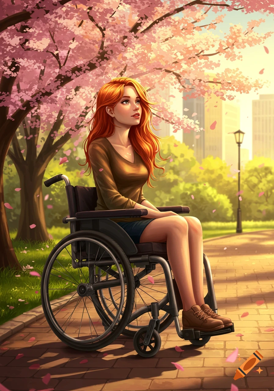 Anime-style illustration of a red-haired woman in a wheelchair in a park with cherry blossom trees and city buildings in the background.