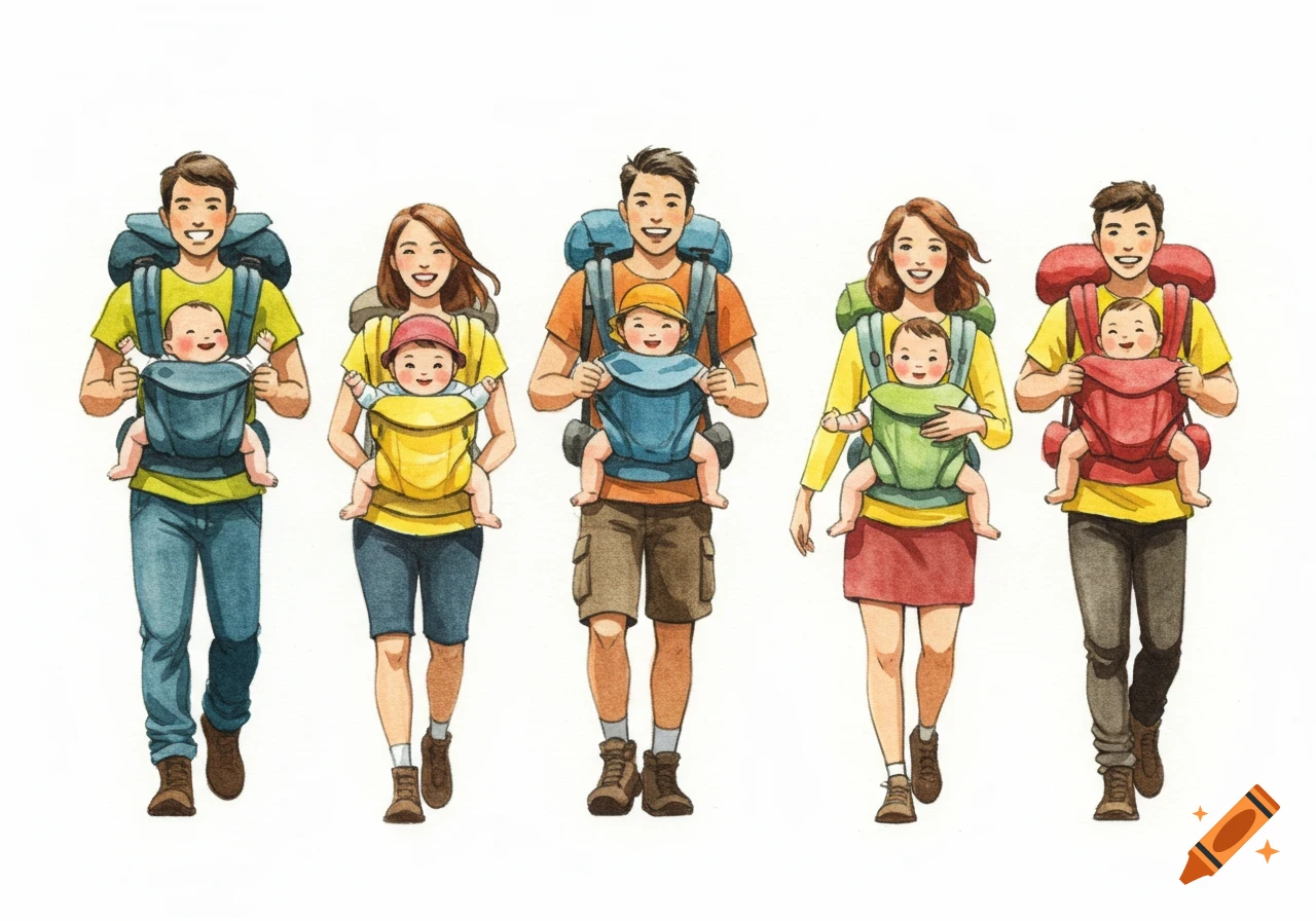 Watercolor illustration of several parents with backpacks and babies in front-facing carriers, walking on a white background.