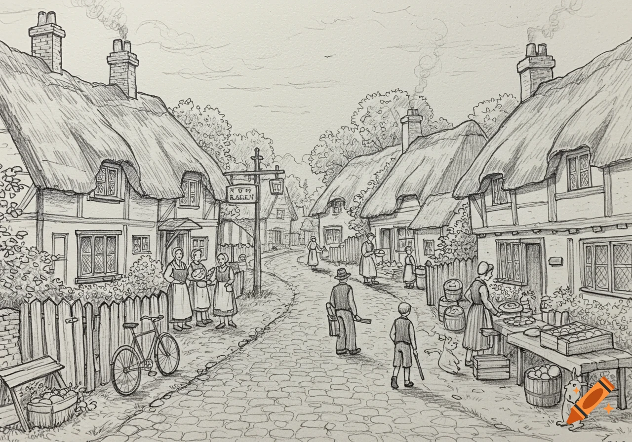 A detailed pencil drawing of a bustling old-fashioned village street with thatched-roof houses, people, and market stalls.