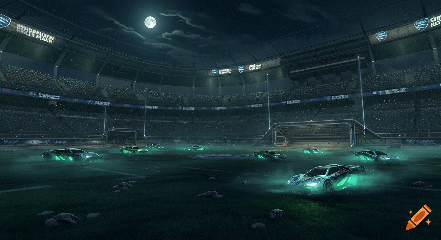 A dark, abandoned stadium at night with glowing cars on a foggy field under a full moon, in a cinematic style.
