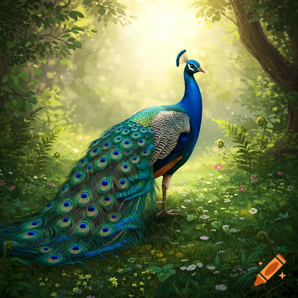 A majestic, photorealistic peacock stands in a sunlit, green forest clearing with wildflowers.