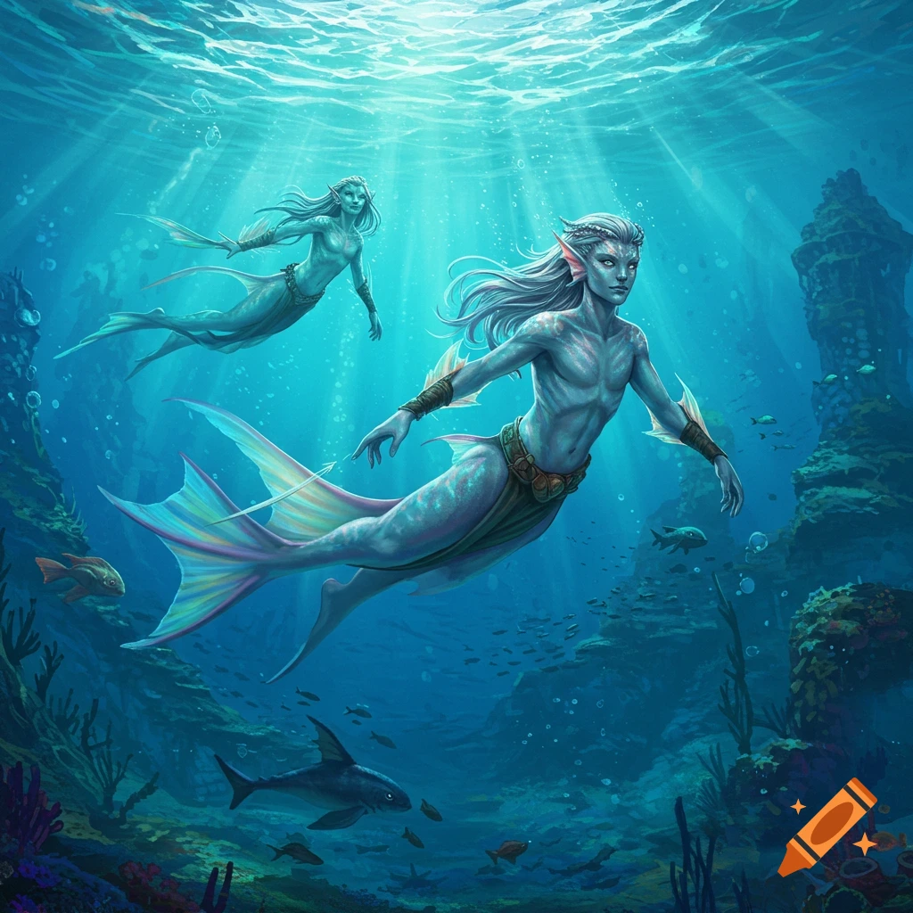 Two merfolk with white hair swim gracefully through a vibrant underwater world with coral, fish, and ancient ruins in sunlight.