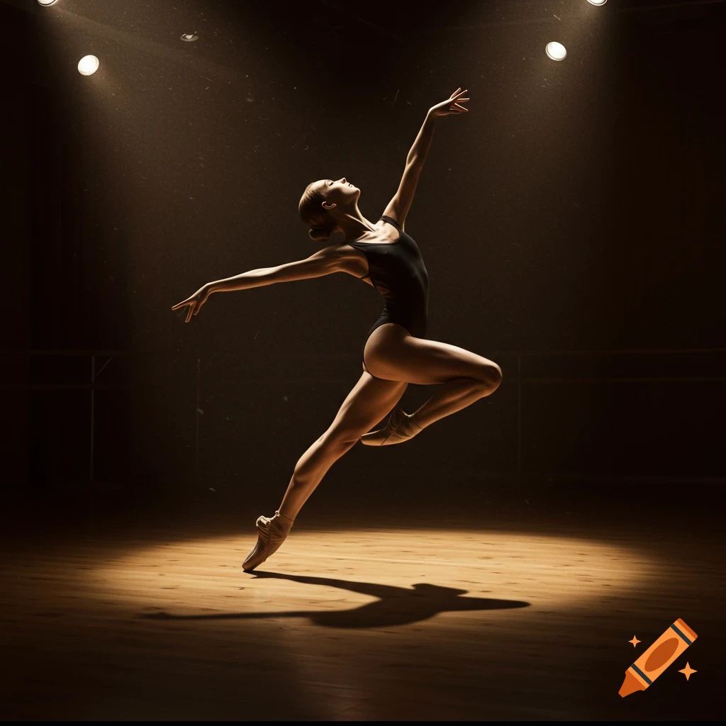 A photorealistic image of a ballerina in a black leotard leaping on a dark stage, dramatically lit by spotlights.