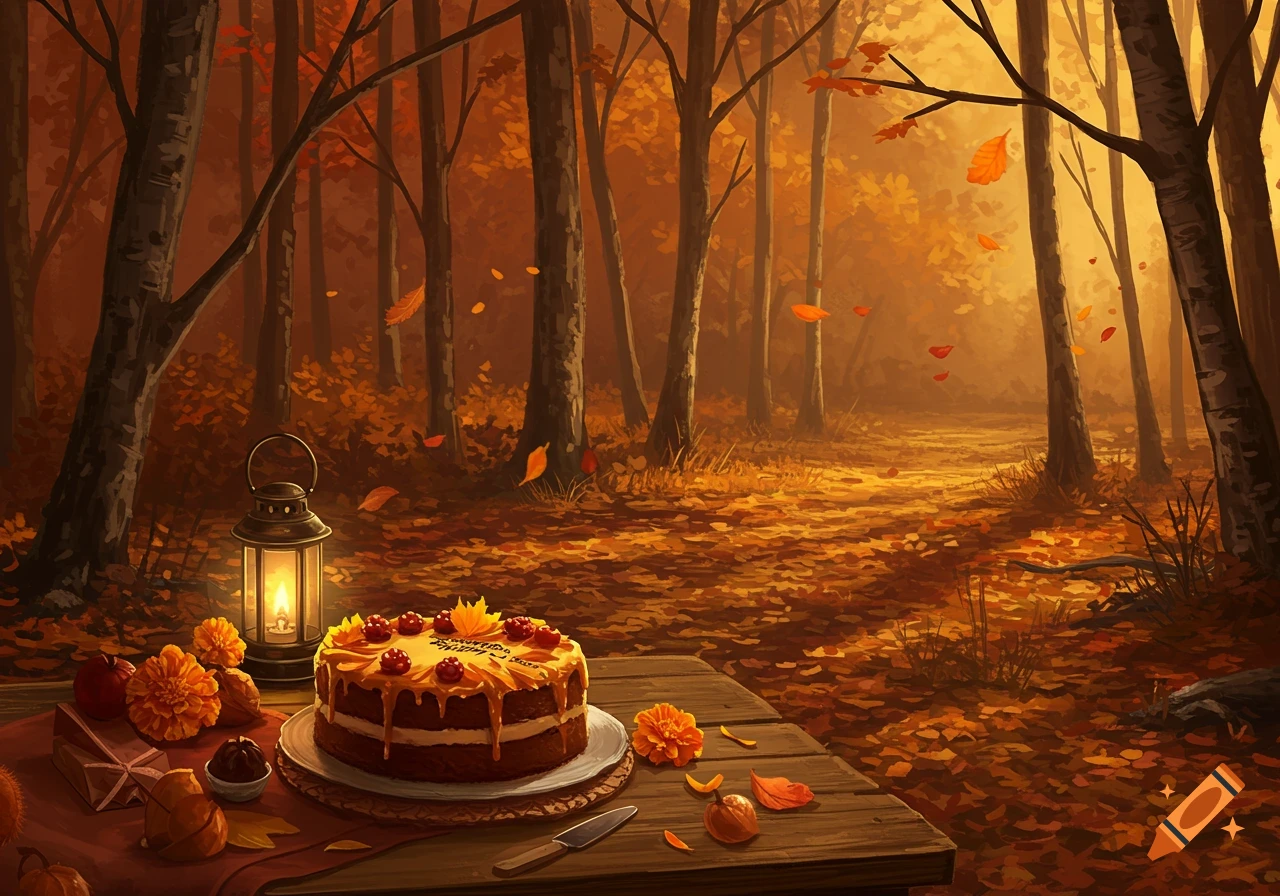 An autumnal forest scene with a wooden table holding a decorated birthday cake, a lit lantern, and fall leaves.