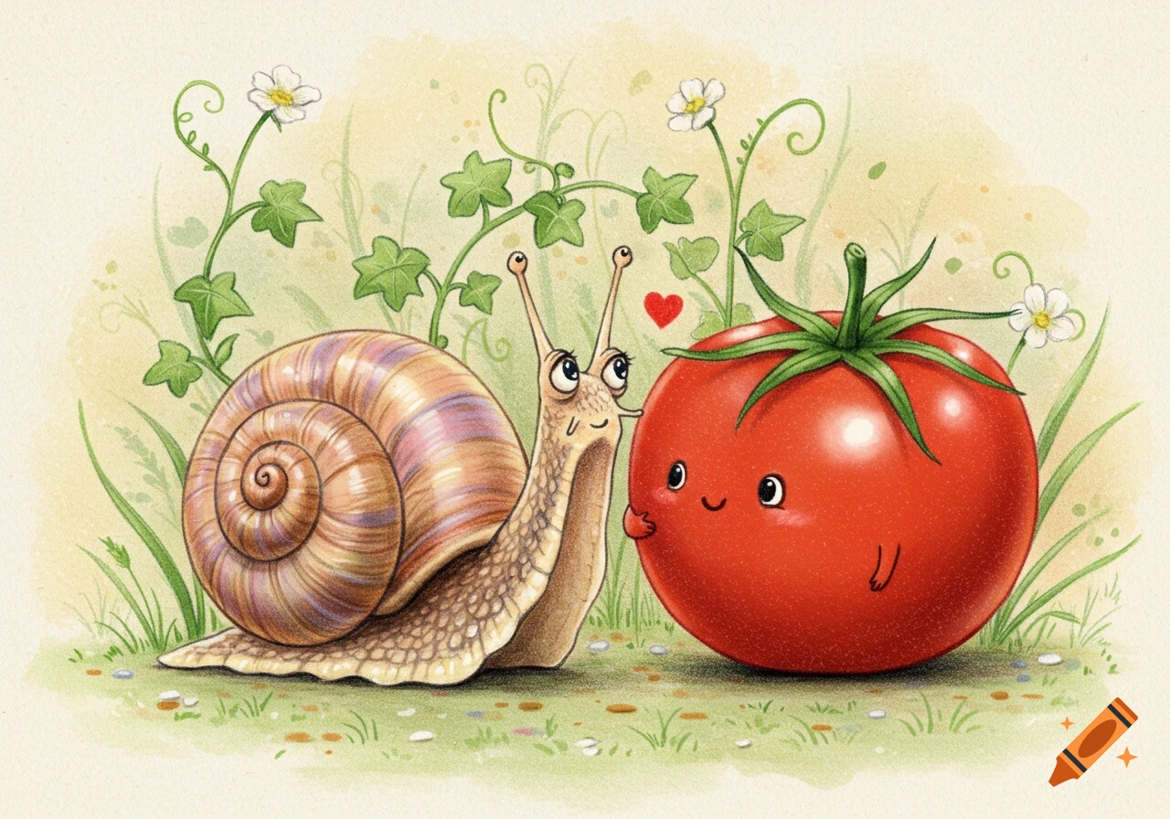 A whimsical cartoon illustration of a snail looking lovingly at a smiling red tomato in a grassy field with flowers.