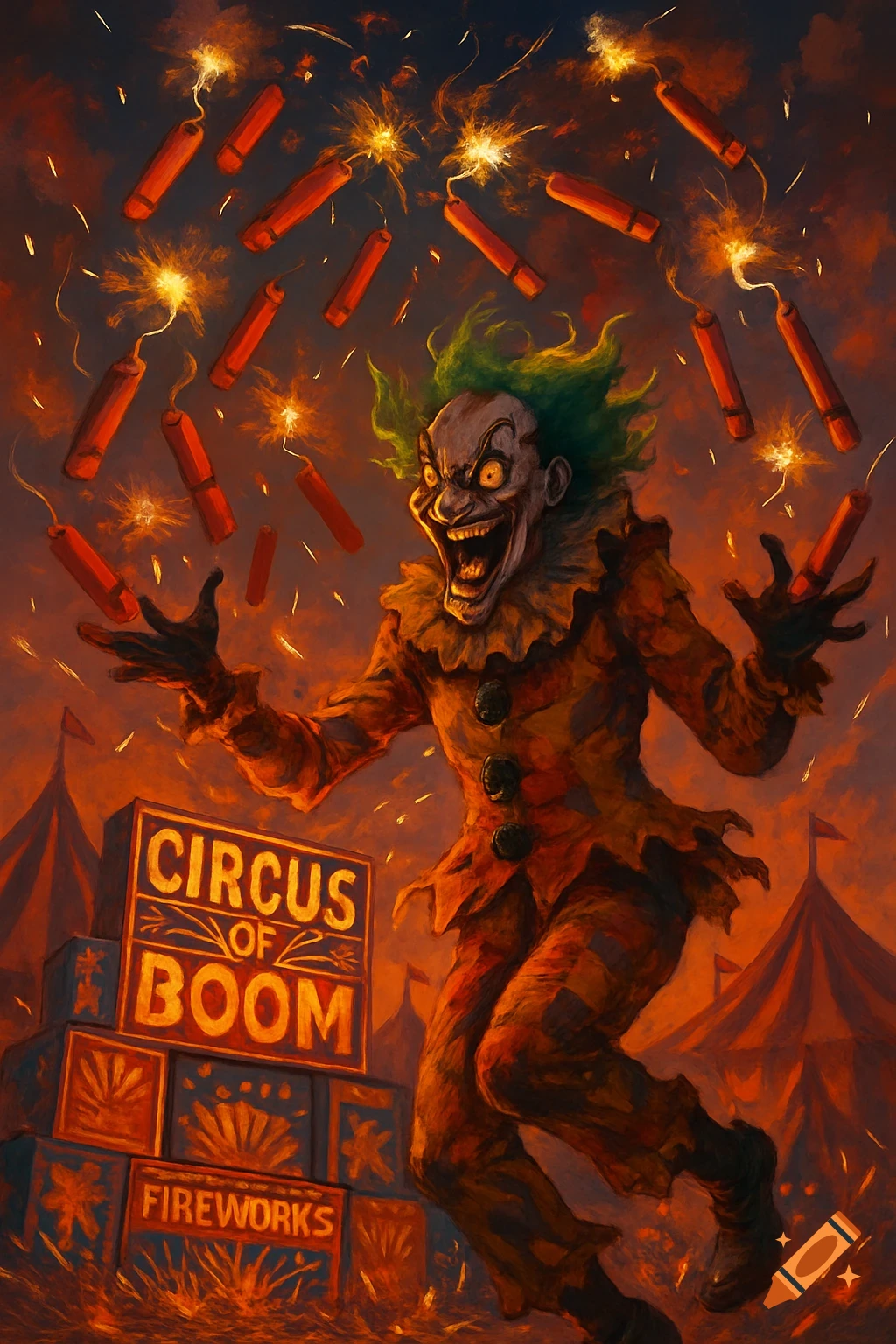 A green-haired evil clown juggles lit dynamite over 'CIRCUS OF BOOM' fireworks boxes in a fiery circus, digital painting.