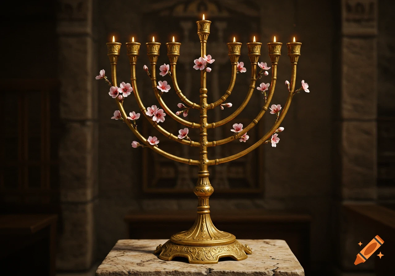 A golden menorah with lit candles and pink cherry blossoms on a marble surface in a dimly lit room.