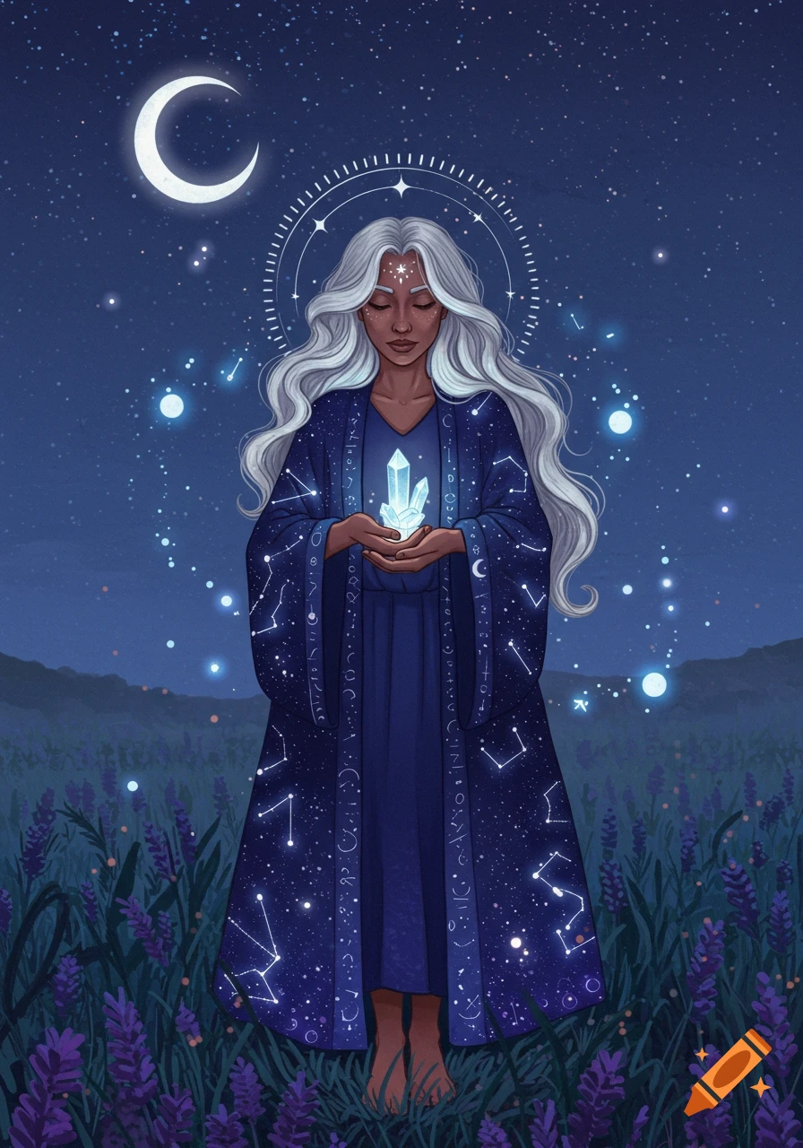 A mystical woman with white hair stands in a field under a starry night sky, holding glowing crystals, illustration.