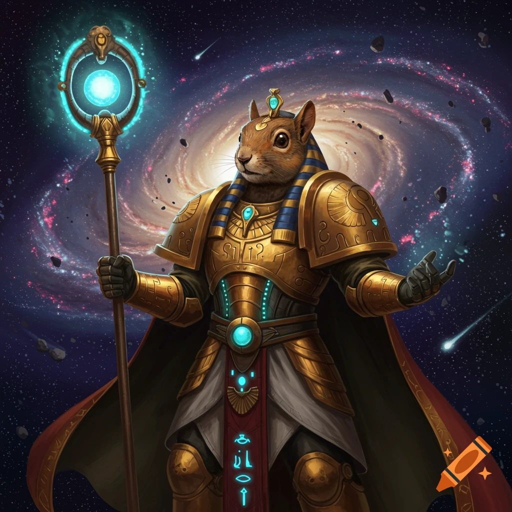 An anthropomorphic squirrel in golden Egyptian-style futuristic armor holds a glowing staff against a vibrant galaxy backdrop.