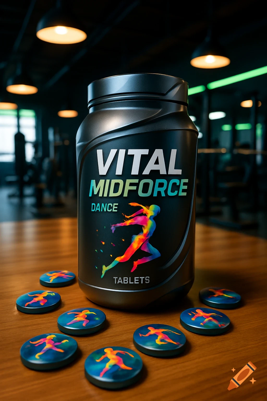 Photorealistic black supplement bottle labeled 'VITAL MIDFORCE DANCE' on a wooden table in a gym, surrounded by blue tablets with colorful dancer art.
