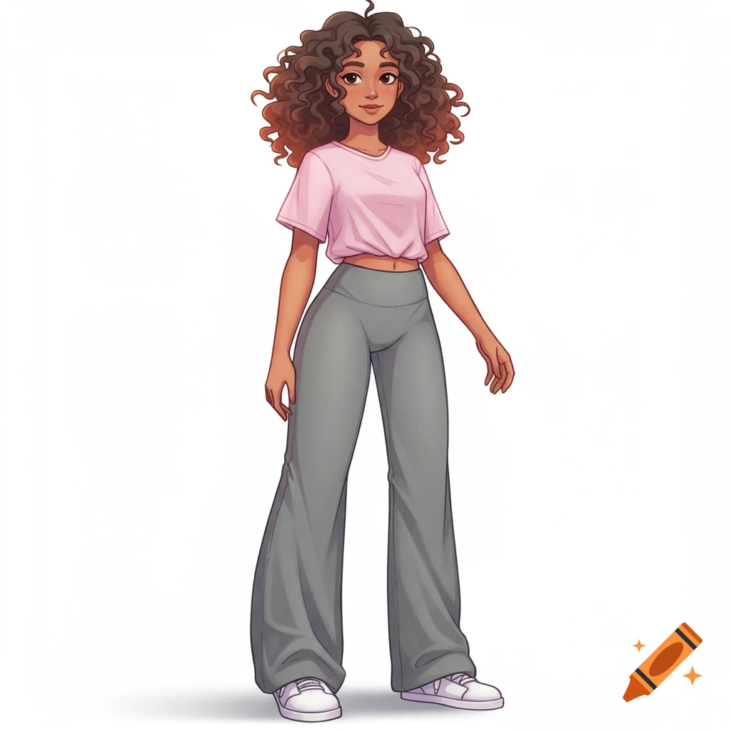 An anime illustration of a girl with curly brown hair, wearing a pink crop top, grey wide-leg pants, and white sneakers.