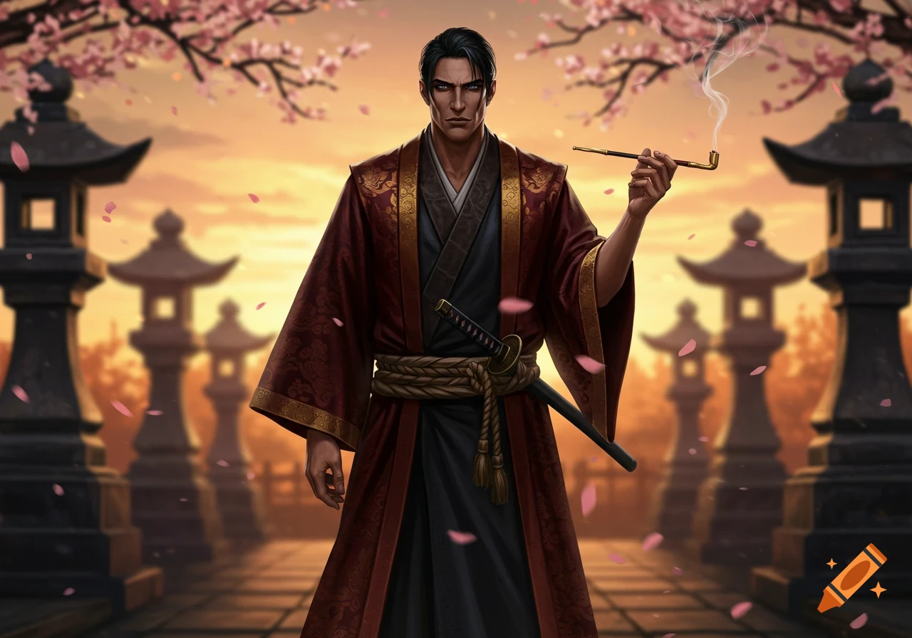 A dark-haired samurai in a red and gold robe holds a smoking pipe, standing amidst cherry blossoms and Japanese lanterns at sunset.