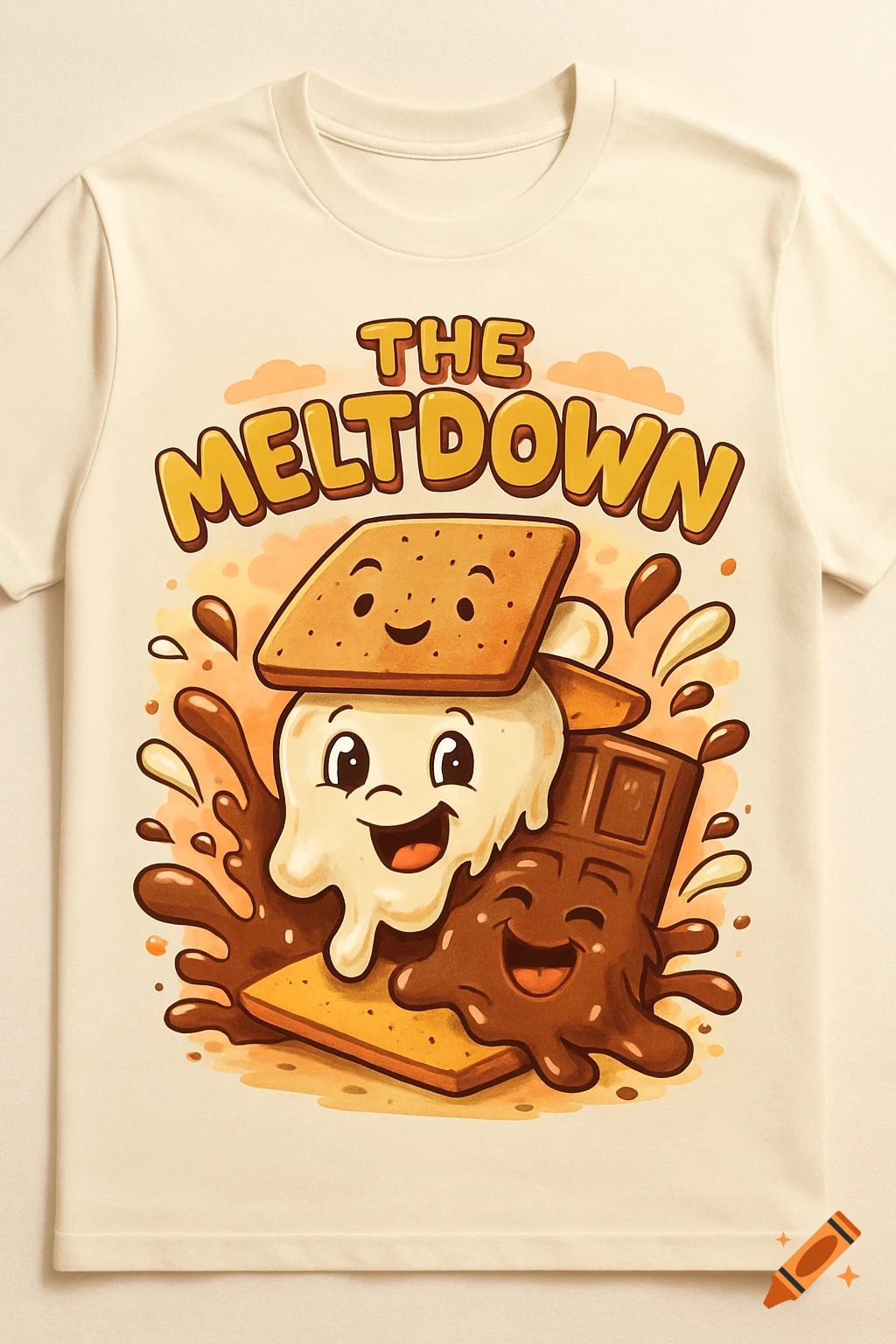 A cute cartoon s'mores graphic on a cream t-shirt. Melting marshmallow, chocolate, and graham cracker characters splash in chocolate with 'THE MELTDOWN' text.