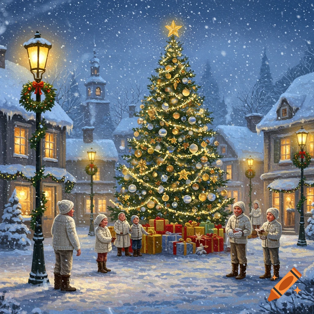 A painted snowy Christmas village scene with children gathered around a large, decorated Christmas tree and presents at night.