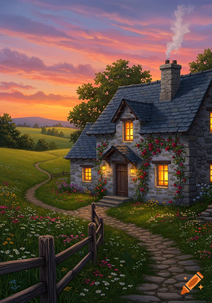 A charming stone cottage with glowing windows at sunset, nestled in a vibrant, flower-filled meadow with a winding path.
