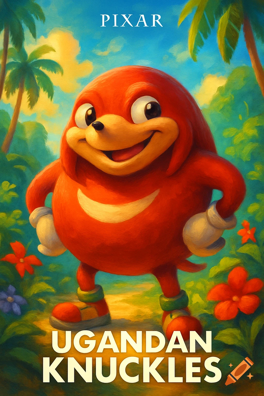 A Pixar-style movie poster shows a red, smiling Ugandan Knuckles character in a jungle with palm trees and flowers. 'PIXAR' and 'UGANDAN KNUCKLES' text is present.