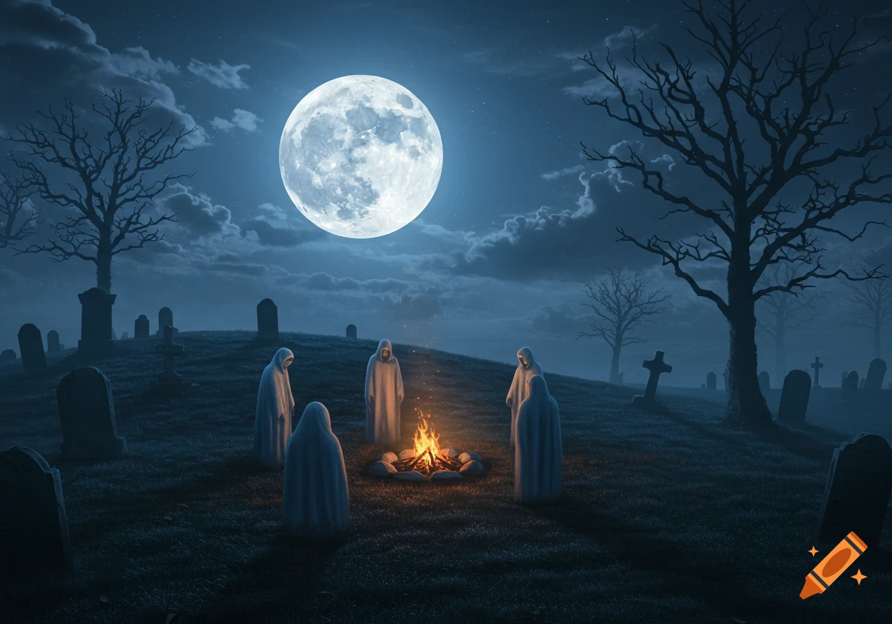 Five cloaked figures gather around a campfire in a dark graveyard under a huge full moon at night, creating a mysterious gothic scene.