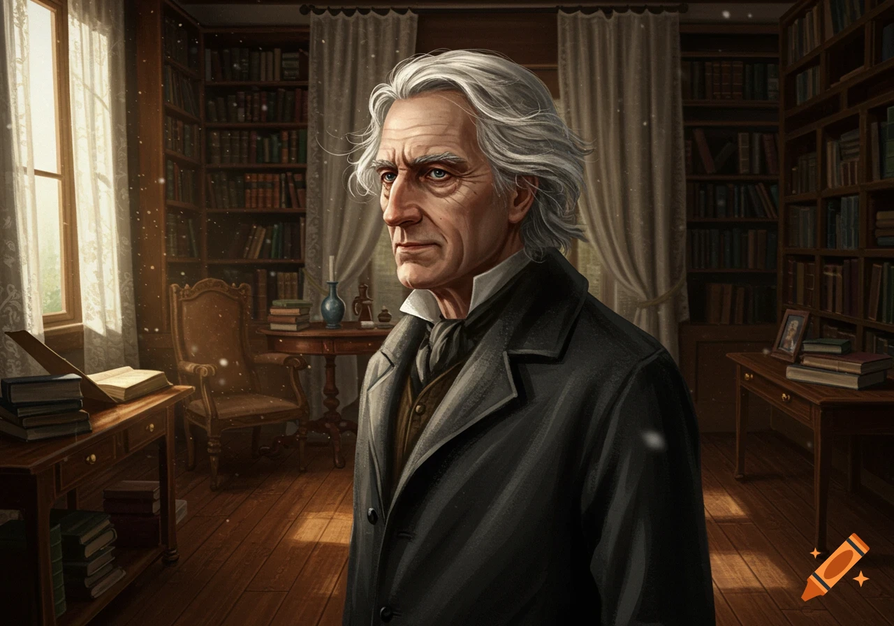 Portrait of a distinguished older man with gray hair in a dimly lit, classical library, looking thoughtful.