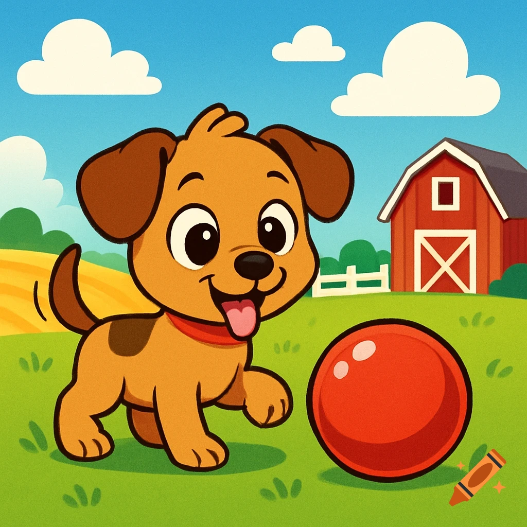 A cartoon illustration of a cute brown puppy wagging its tail next to a red ball on a sunny farm.