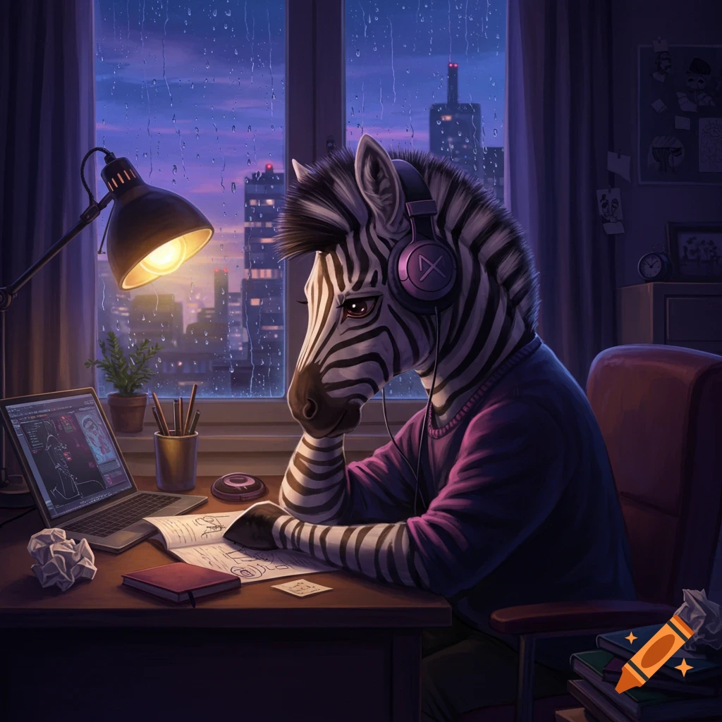 An anthropomorphic zebra with headphones studies at a desk by a window overlooking a rainy city at night, in a lo-fi art style.