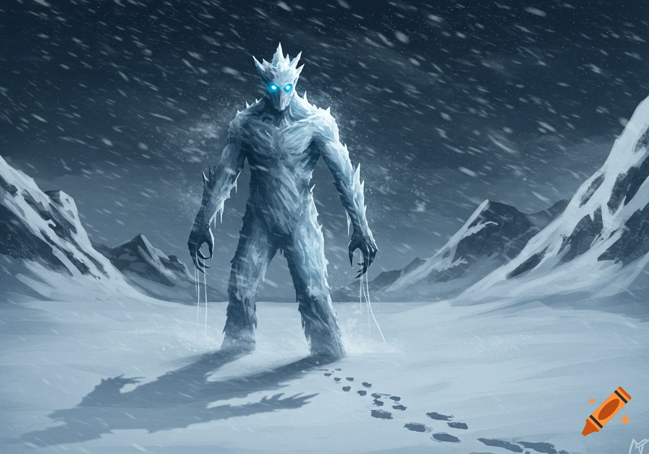 A tall, creepy snow monster with glowing blue eyes stands in a snowy mountain landscape during a blizzard, leaving footprints in the snow.