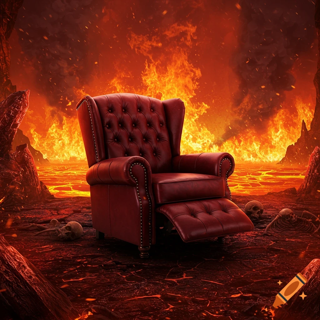 A luxurious red leather recliner sits on cracked, molten ground surrounded by intense flames and scattered skulls in a hellish landscape.
