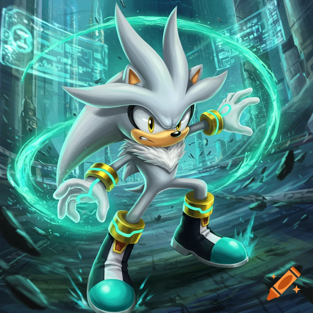 Silver the Hedgehog poses with a glowing teal aura in a futuristic city.