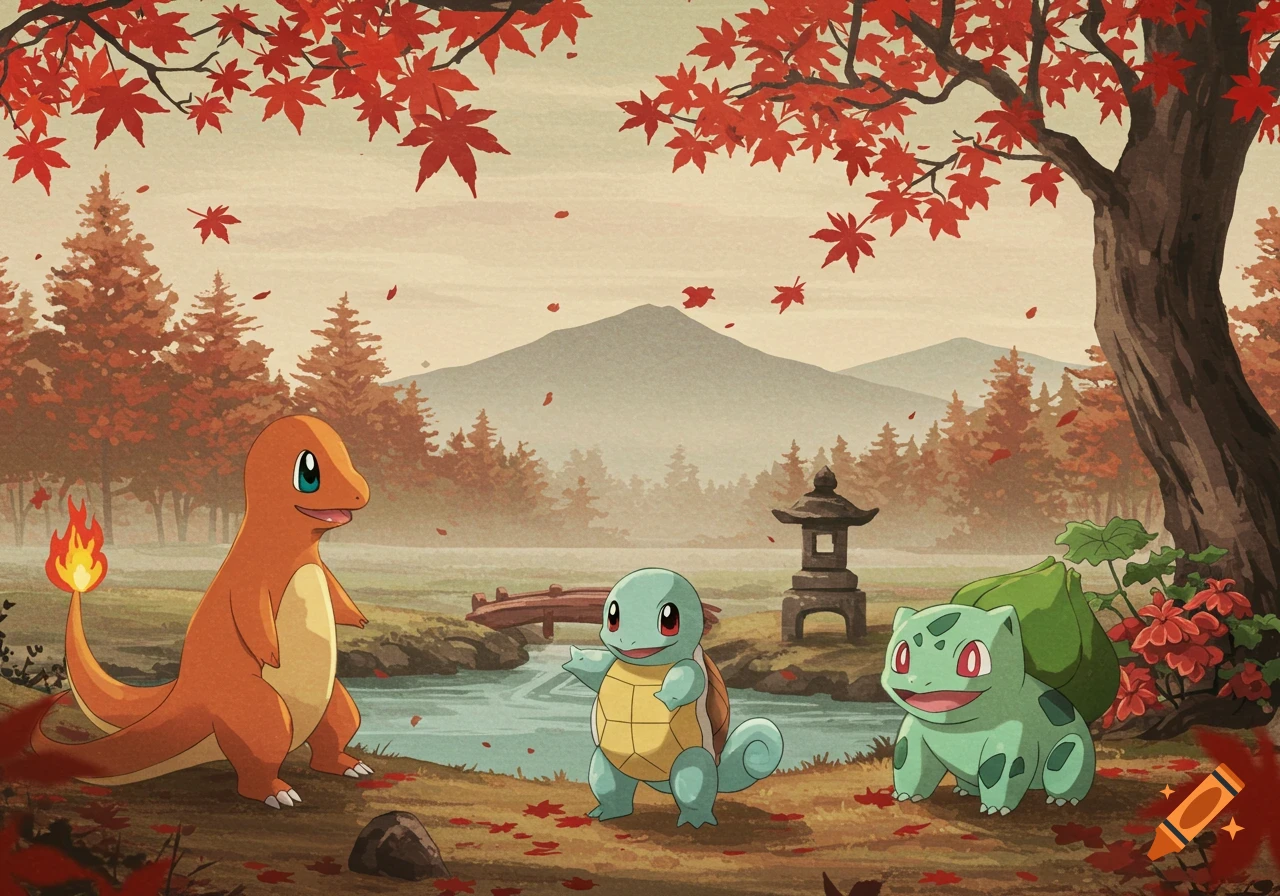 Charmander, Squirtle, Bulbasaur in a peaceful Japanese autumn landscape with red maple leaves, mountains, and a river, traditional art.