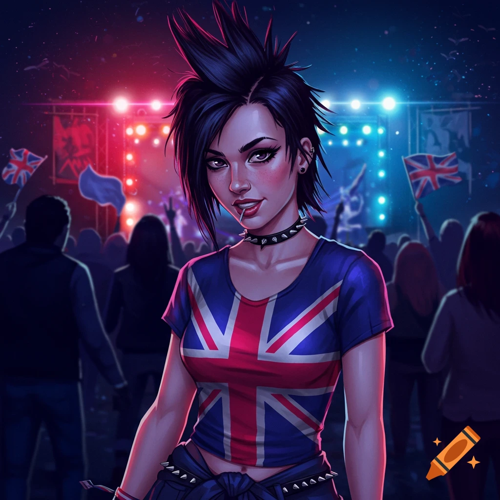 A punk woman with a mohawk and a Union Jack shirt smiles at a concert, vibrant stage lights behind her.