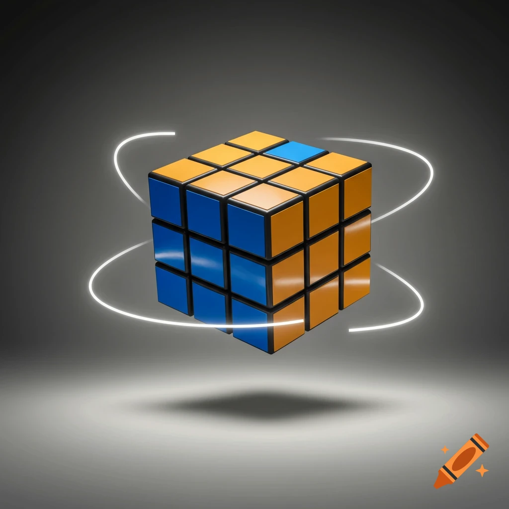 A blue and orange Rubik's cube floating with glowing white lines circling it on a dark background.