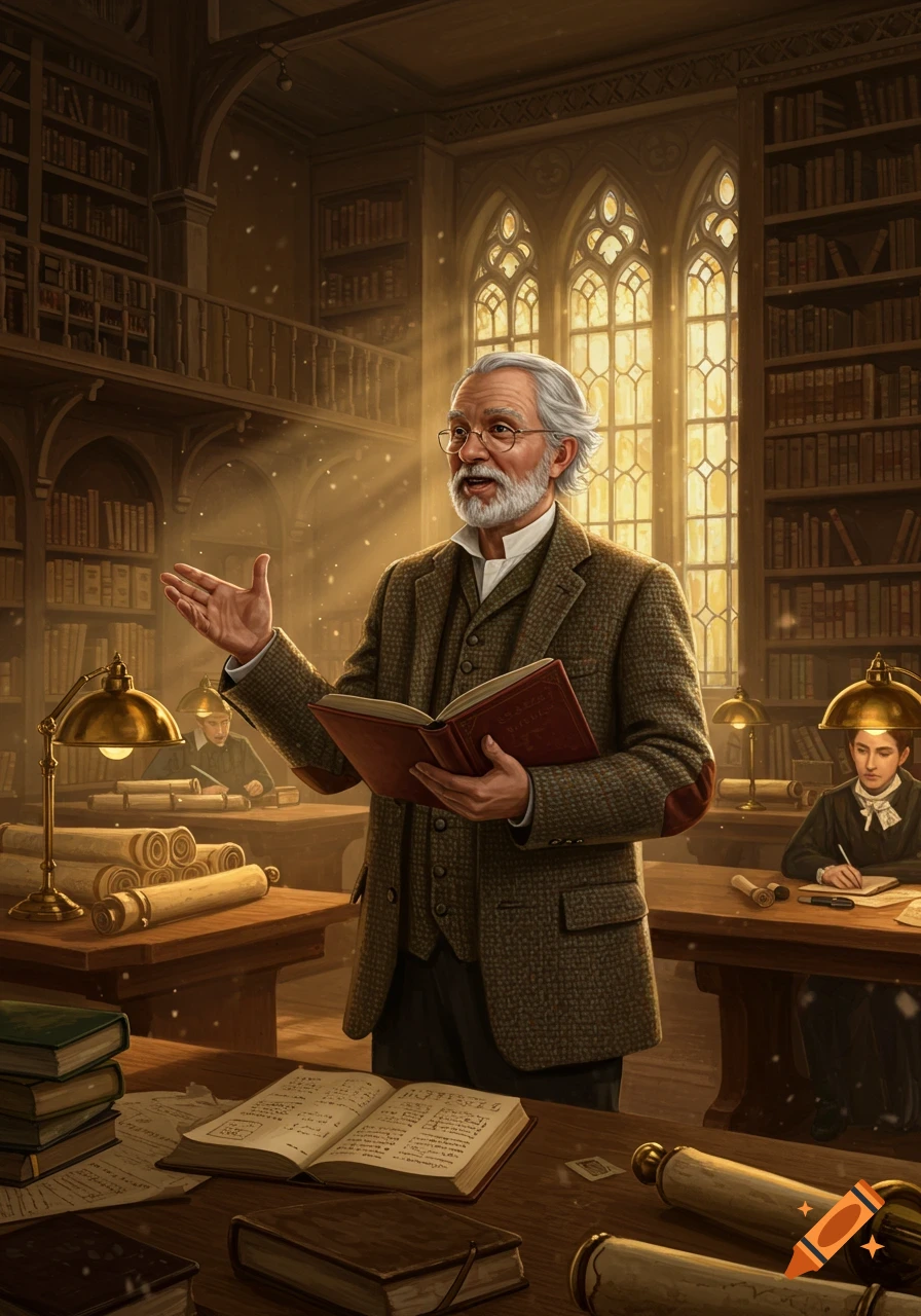A grey-haired professor in a tweed suit stands in a grand, sunlit library, holding an open book and gesturing. Students study.