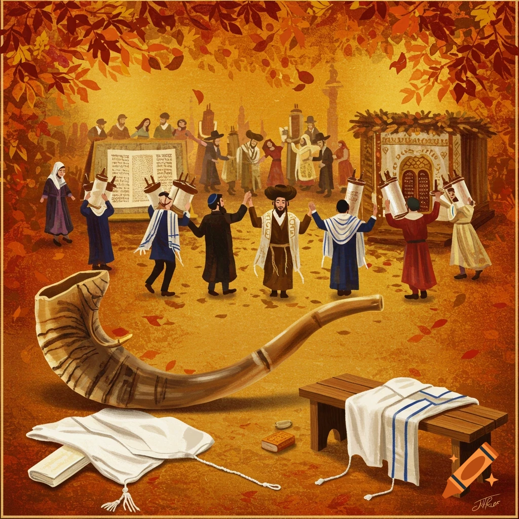 An illustration of a Jewish holiday celebration, with people dancing and holding Torah scrolls under autumn leaves, a large shofar in the foreground.