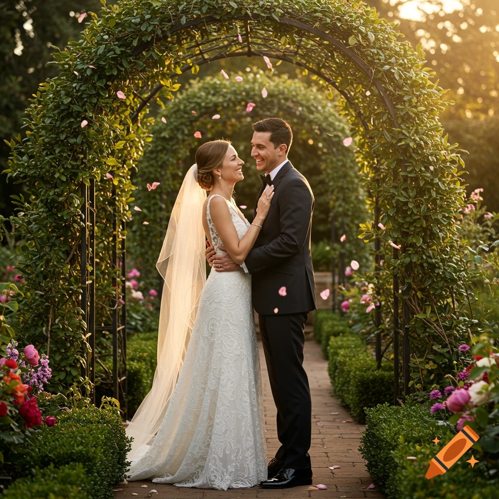 A smiling bride and groom embrace under a leafy archway in a sunny garden with falling rose petals.