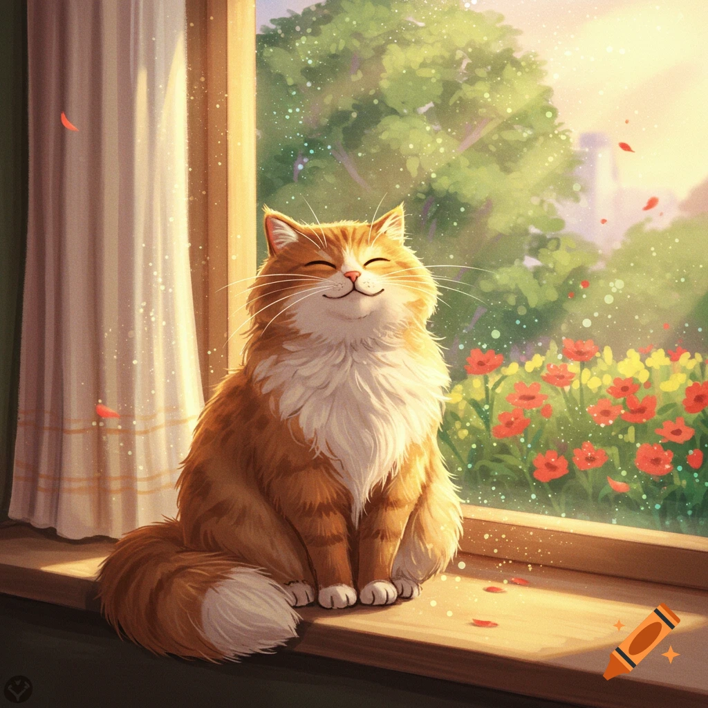 A fluffy orange and white cat with closed eyes sits happily on a sunlit windowsill, looking out at a vibrant green garden with red and yellow flowers.