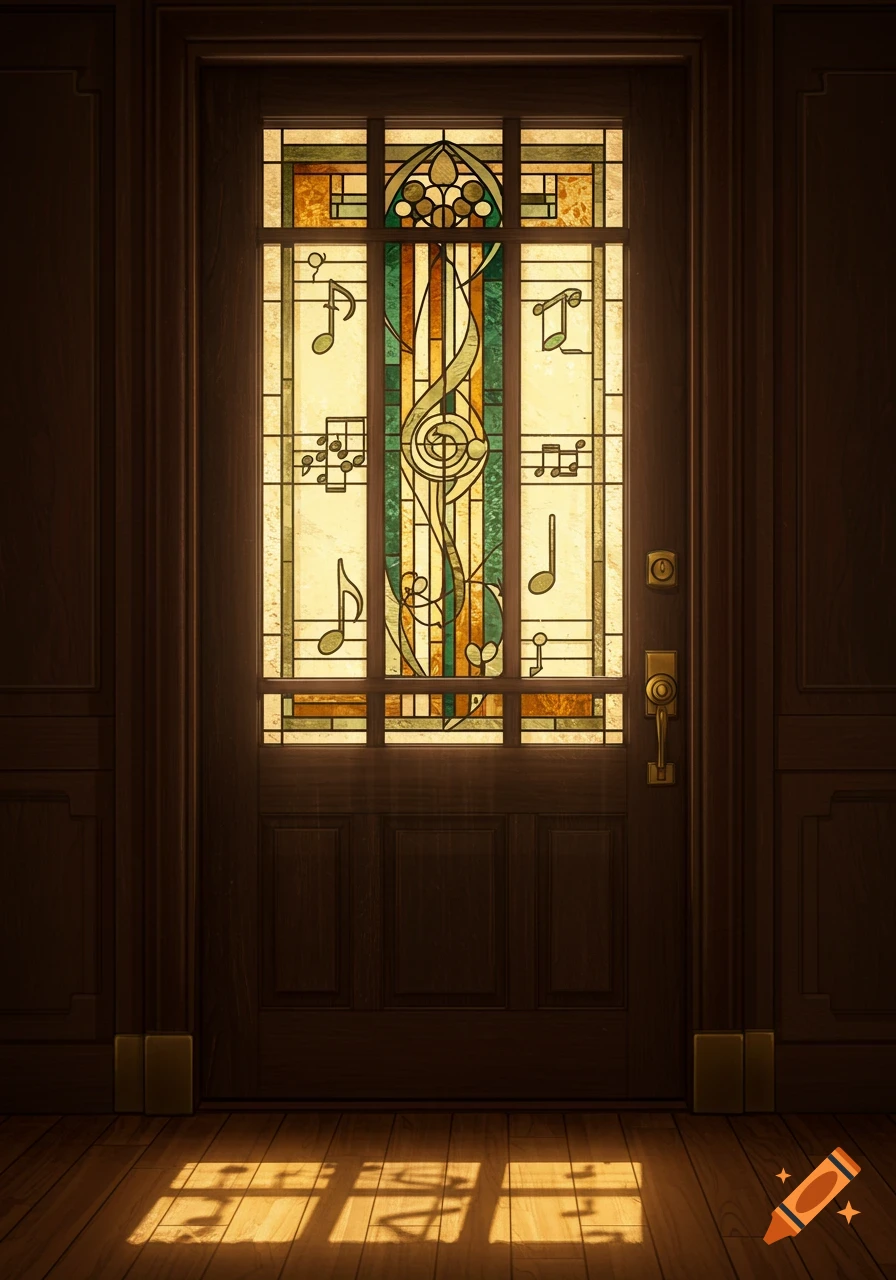 A dark oak entry door with a Prairie style stained glass insert featuring musical notes and a clef, with sunlight on the floor.