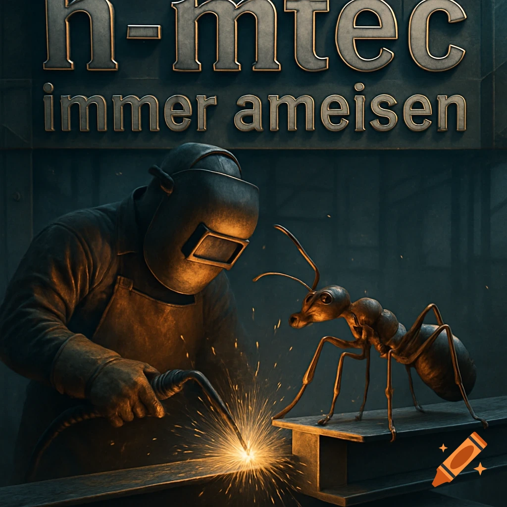 A welder in an industrial setting welds metal as a giant ant watches. Text above reads 'h-mtec immer ameisen'.