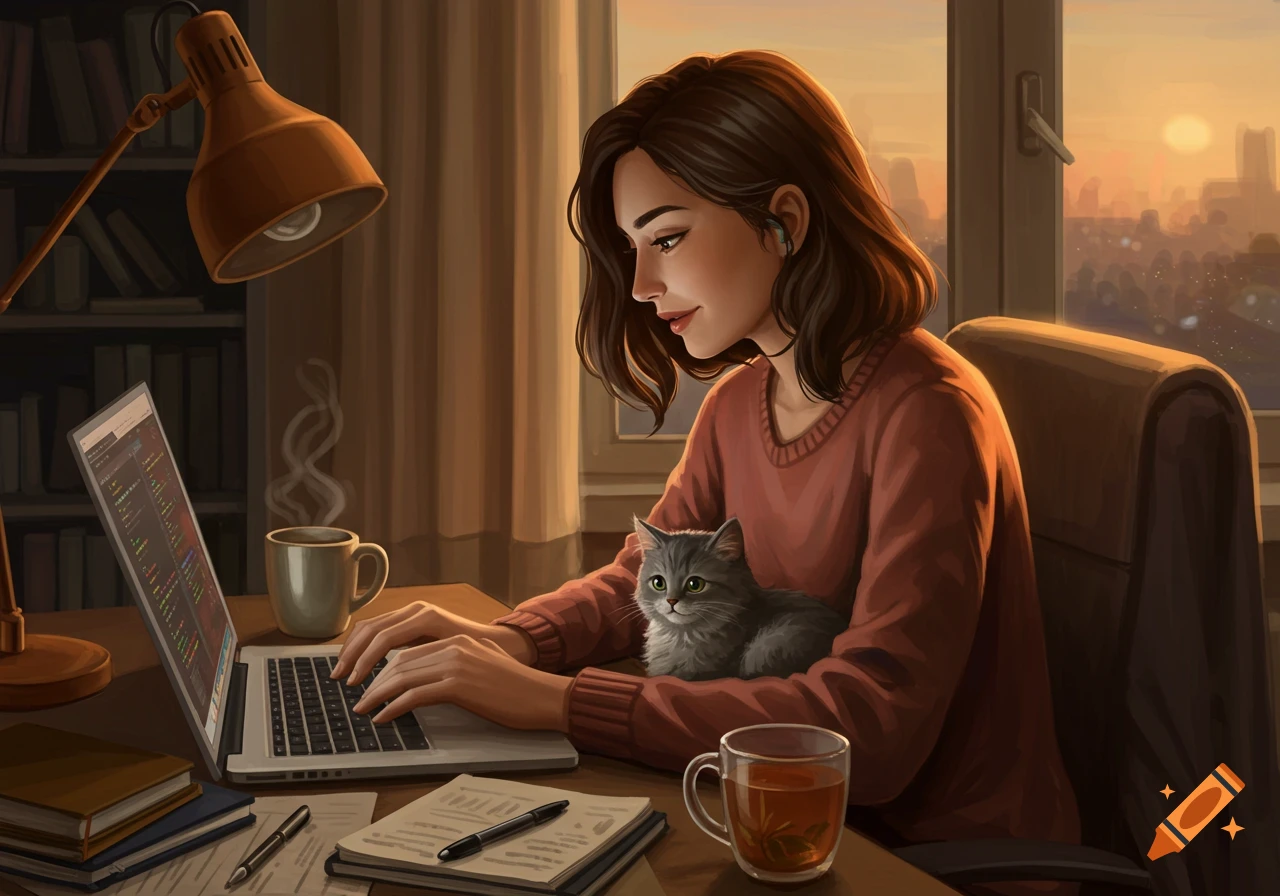 An illustrated woman with a cat on her lap works on a laptop at a desk with a city view at sunset.