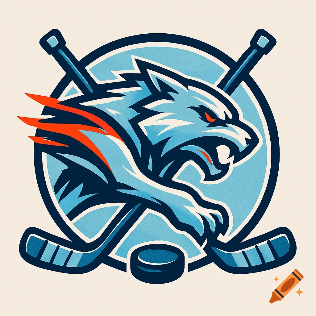 Stylized hockey logo with a fierce blue panther mascot with red eyes, orange streaks, crossed hockey sticks, and a puck in a circle.