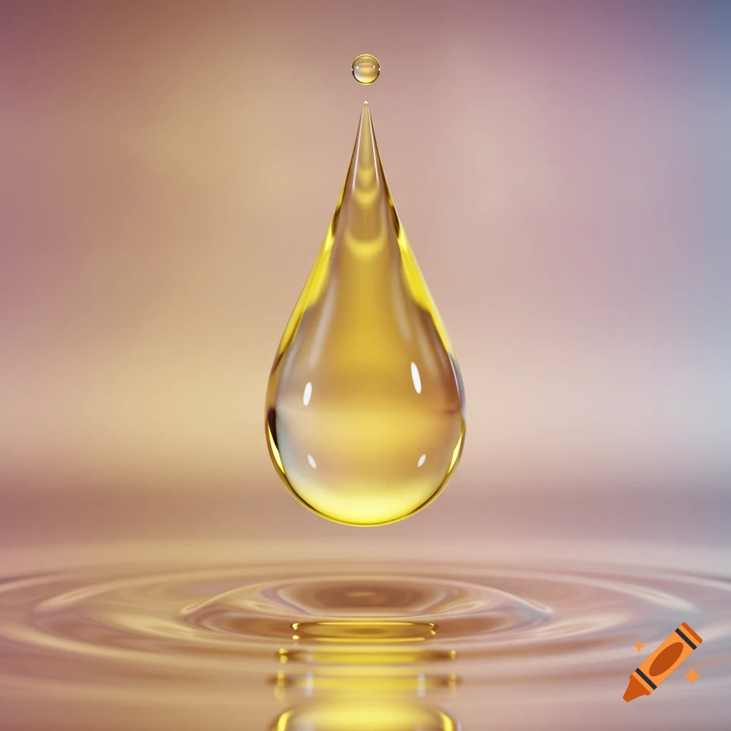A close-up of a golden yellow liquid droplet hovering above a rippling liquid surface, against a soft gradient background.