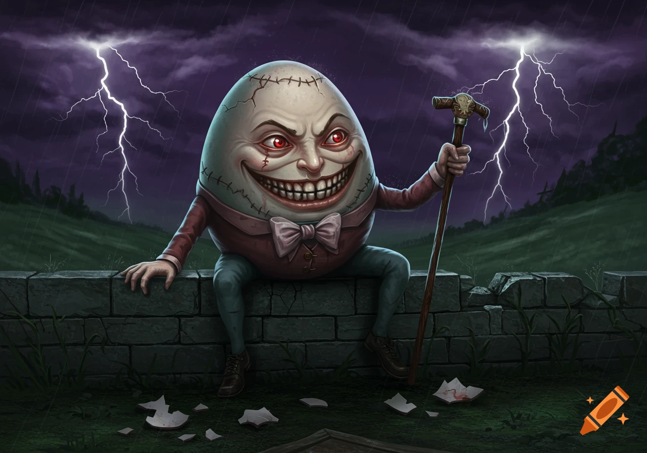 A creepy, evil Humpty Dumpty with red eyes and a wide grin sits on a stone wall during a stormy night with lightning.
