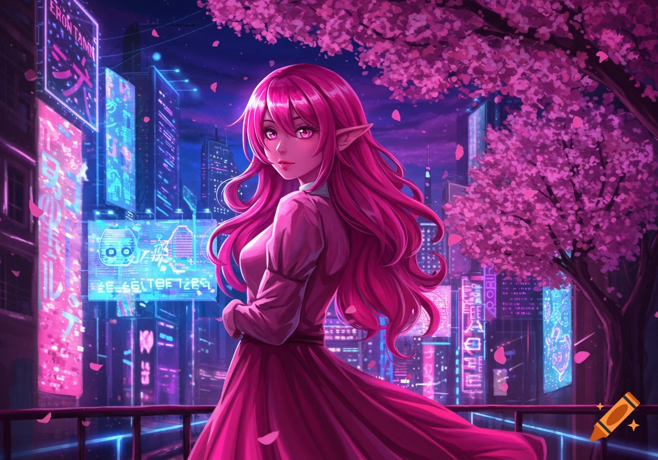Anime girl with pink hair and elf ears in a pink dress, on a balcony overlooking a cyberpunk city at night with cherry blossoms.