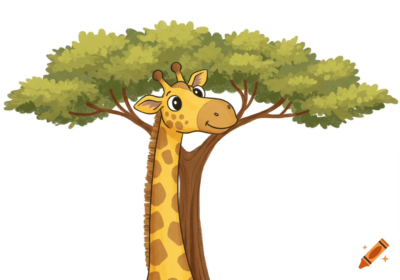 A cute cartoon giraffe with brown spots stands under a green-leaved acacia tree on a white background.