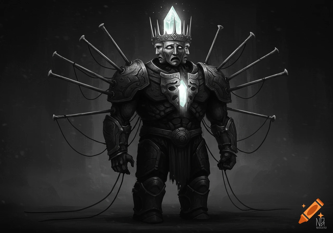 A dark armored figure with multiple faces on its head, a crystal crown, and glowing chest crystal. Large nails protrude from its back, connected by wires in a fantasy, concept art style.