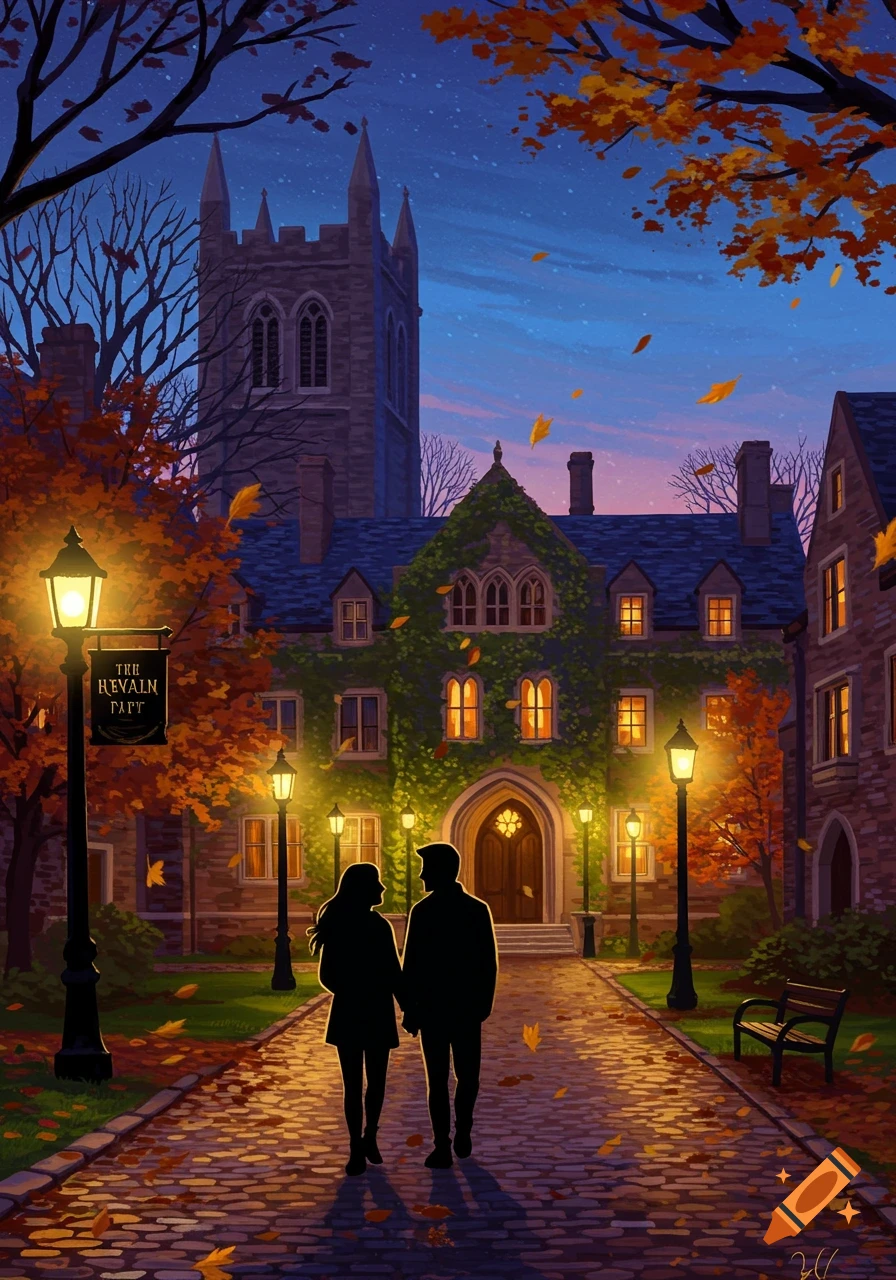 A couple walks hand-in-hand down a cobbled path lined with glowing lampposts and autumn trees, with a grand, ivy-covered building and a church tower under a starry twilight sky.